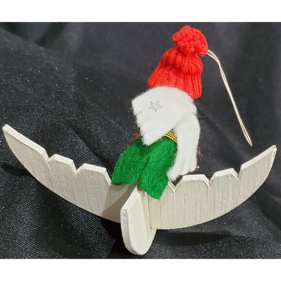 ELF RIDING FLYING GOOSE Christmas Ornament wooden & fabric 5"long 3.5"high - Picture 6 of 7